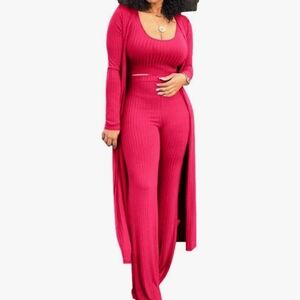 *Womens Sexy 3Pc Crop Top Long Kimono Cardigan & Pants Outfit Set Rose Red Sz XL
